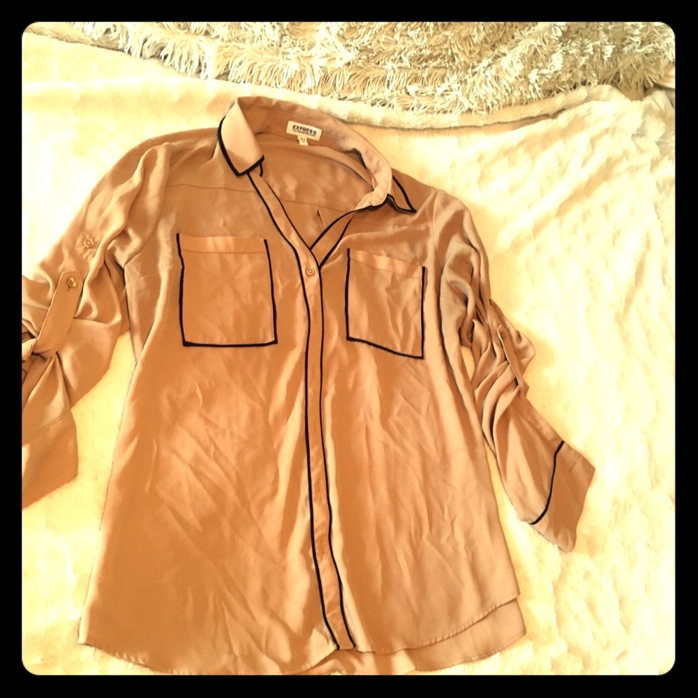 Express tan blouse with black trimming